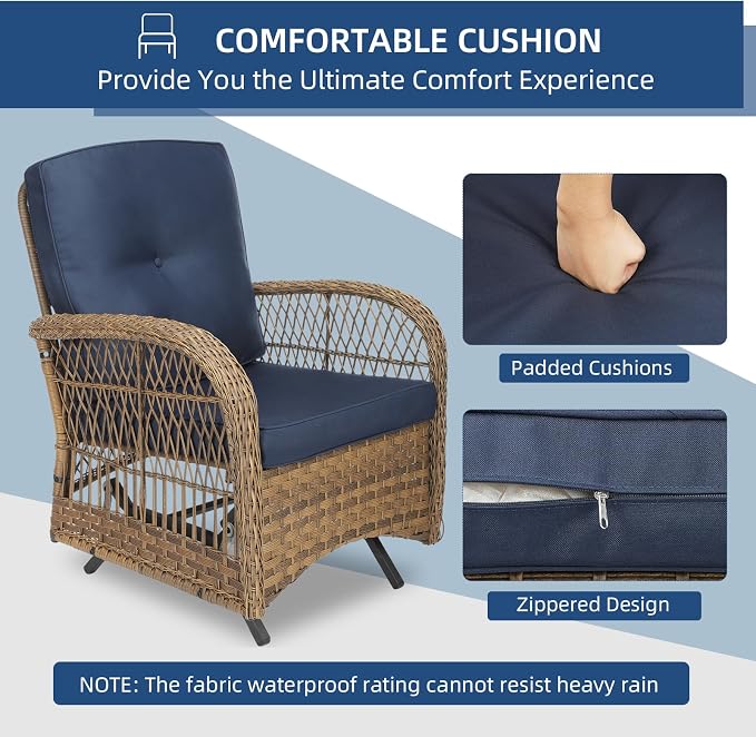 3-Piece Patio Wicker Conversation Bistro Set, All-Weather Gliding Rocking Chairs with Thickened Cushions and Glass Top Table, Outdoor Rattan Furniture Sets for Porch Garden, Navy Blue