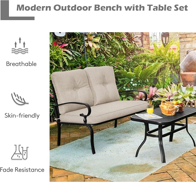RELAX4LIFE Patio Loveseat with Coffee Table - 2-Piece Patio Conversation Sofa Set w/Backrest & Cushions, Modern Outdoor Glider Bench for Garden, Backyard, Poolside, Metal Porch Furniture (Beige)