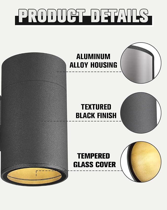 Ken & Ricky Dusk to Dawn Outdoor Wall Sconce Lights,Cylinder，Black ，4 PK | With Glass Cover,Photocell Sensor,No Glare Exterior Lighting Fixtures,E26,For House Front Porch Garage Patio Entryway