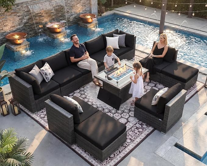 NICESOUL 11 Piece Outdoor Furniture Set w/Fireplace, Luxury Patio Sectional, Chill 29.3'' High-Back Backyard Seating Area, All-Weather Rattan Couch Set, Modular Sofa for Outside, Deck, Grey & Black