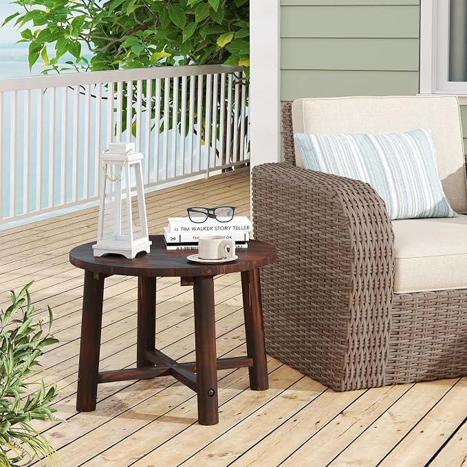 HAPPYGRILL Outdoor Wood Side Table, Round Patio End Table Coffee Table for Garden, Deck, Poolside & Indoor (1)