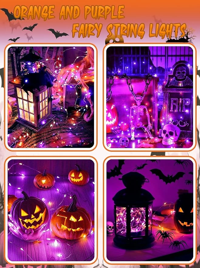 Halloween Fairy Lights Battery Operated 100 LED 33FT 4 Pack Orange Purple | Timer, 8 Modes, Remote Control, Brightness Adjustable Waterproof Twinkle Lights for Indoor Outdoor Party Cpreepy decorations