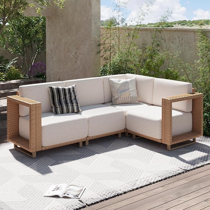 Aoxun Patio Furniture Set, 4 Piece Outdoor Wicker Sectional Sofa, All‑Weather Rattan Modular Sofa with 10'' Ultra‑Thick Cushions, Outdoor Conversation Set for Backyard, Poolside & Garden, Yellow/Beige