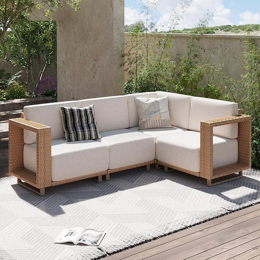 Aoxun Patio Furniture Set, 4 Piece Outdoor Wicker Sectional Sofa, All‑Weather Rattan Modular Sofa with 10'' Ultra‑Thick Cushions, Outdoor Conversation Set for Backyard, Poolside & Garden, Yellow/Beige