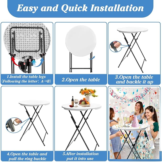 32in Round Folding Cocktail Table Bar Height White 2 PC | 32in round folding bar height table set, detachable legs, portable for indoor outdoor weddings parties events, 2 pack