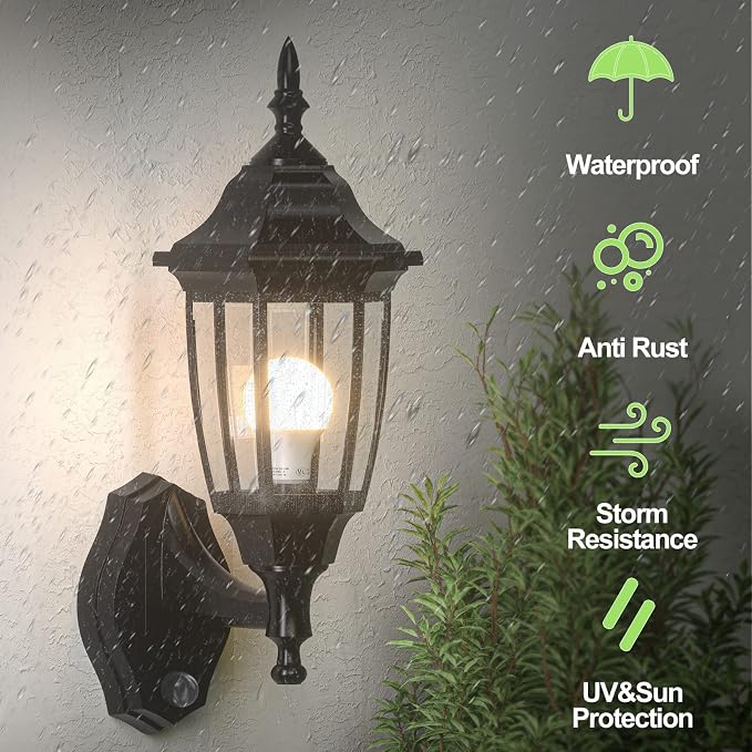 EMART Dusk to Dawn Plastic Outdoor Wall Light Fixtures(2 Pack, Black) | Include Bulbs, Waterproof and Anti-Corrosion, Wall Mount Porch Sconces for Outside, Garage, Front Door, House, Patio