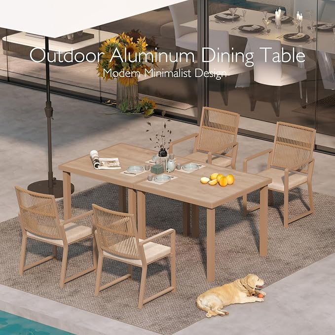 Aluminum Outdoor Dining Table - All-Weather Exposure, Waterproof and Rust-Proof Courtyard-Style Coffee Table Garden/Balcony/Poolside, Light Brown 1 Pcs
