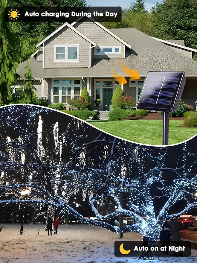 Solar String Lights Outdoor 4 Pack 400 LED Solar Christmas Light Cool White | 8 Lighting Modes, Memory Function, Auto On/Off, 132FT Waterproof Twinkle Lights for Outside Wedding Holiday Party Decorations