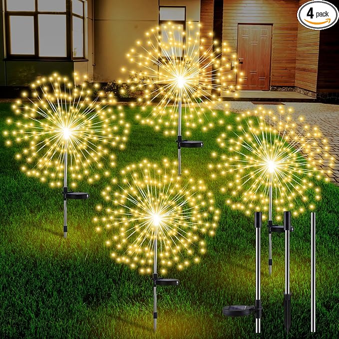 Tujoe 4 Pack Halloween Outdoor Garden Decoration Solar Firework Lights | 200 LED Solar Firework Lights, 8 Lighting Modes, 32" to 51" Height, Outdoor Garden Yard Pathway Party Decoration, Warm