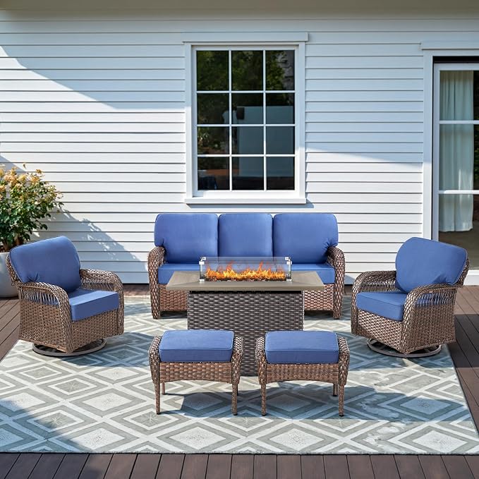 Patio Furniture Set with Fire Pit Table - 6 Pieces All-Weather Wicker Outdoor Furniture with High Back Swivel Chairs Set of 2 Outdoor Couch for Deck Balcony Backyard Blue