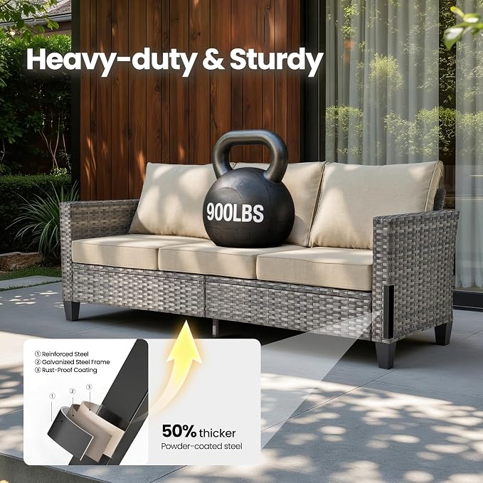 6 Piece Wicker Patio Furniture with Swivel Rocker Chair, Beige | High Back Swivel Rocker Chairs, Outdoor Sofa Ottoman, Heavy Duty, All Weather Rattan Modern Conversation Sets, Deck Backyard