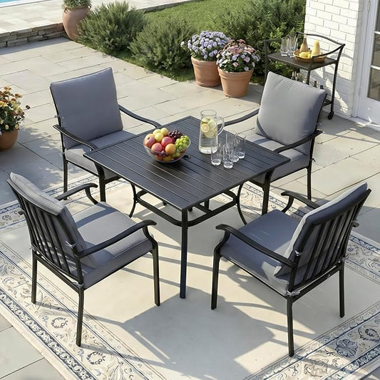LVUYOYO 5-Piece Outdoor Patio Dining Set, Metal Stackable Chairs & Square Table Set, All-Weather Furniture for Backyard, Garden,Balcony,Porch (Gray)