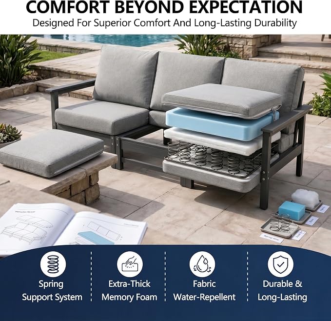 6-Piece Outdoor Patio Furniture Set, Modular HDPE Conversation Set with 3-Seater Sofa, 2 Armchairs & Large Coffee Table, Waterproof & UV-Resistant Outdoor Sofa with Cushions