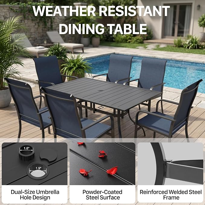 Anmutig 7 Pieces Outdoor Patio Dining Set with Umbrella Hole, 63" Large Rectangle Table with Heavy Duty Steel Frame, Outdoor Furniture Set for Backyard, Deck, Garden