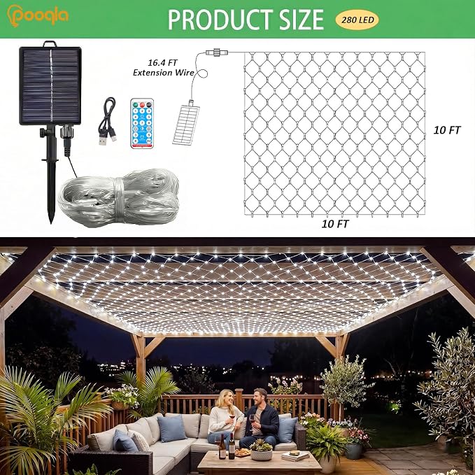 Pooqla Solar Net Lights, 10x10ft 280LED Gazebo Net Lights Outdoor with 8 Modes, Solar & USB Powered Waterproof String Lights Clear Wire, Chandelier for Pergolas, Patio, Bush, Backyard Decor Cool White
