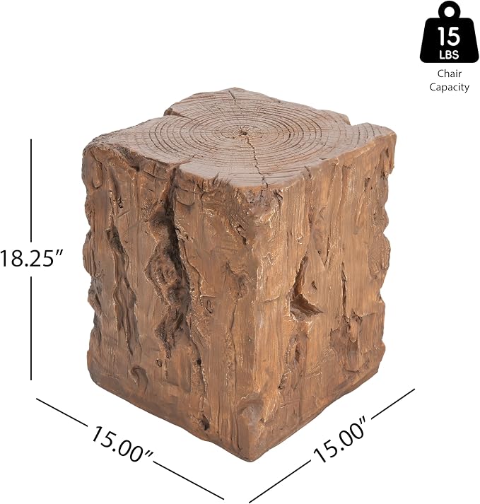 Christopher Knight Home Nataly 18.25" H Small Outdoor Side Table, Stump Shape Carved Garden Stool, Lightweight Concrete End Table, Patio Decorative Home Stool for Balcony Poolside Backyard, Brown