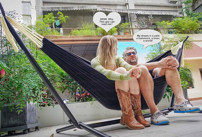 GOCAN Double Hammock 2 Person Extra Large 330X150cm Load Capacity 600Pound Canvas Cotton Hammock for Patio Porch Garden Backyard Lounging Outdoor and Indoor XXL(Black)