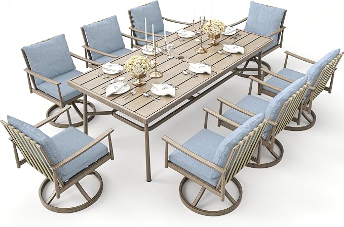 9-Piece Outdoor Dining Set for 8, Aluminum Dining Set with Cushions, 8 Swivel Chairs with Rope Backrest, Large Rectangular Table with Umbrella Hole, Patio Dining Set for Lawn Porch Yard,Brown