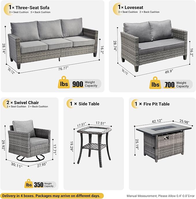 ovios 6 Pieces Patio Furniture Set with Rectangular Fire Pit Table, Swivel Rocking Chairs, Loveseat, Outdoor High Back Wicker Rattan Conversation Set for Deck Porch, Dark Grey