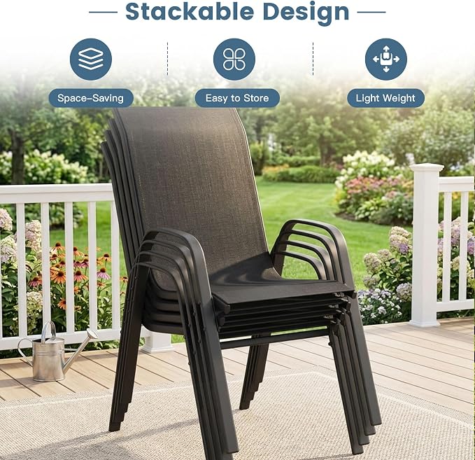 DIFY 7 Piece Outdoor Dining Set, 48" Black Round Metal Dining Table and Dark Grey Textilene Stackable Patio Chairs, Patio Table and Chairs Set for 6 with Umbrella Hole for Backyard Garden Deck