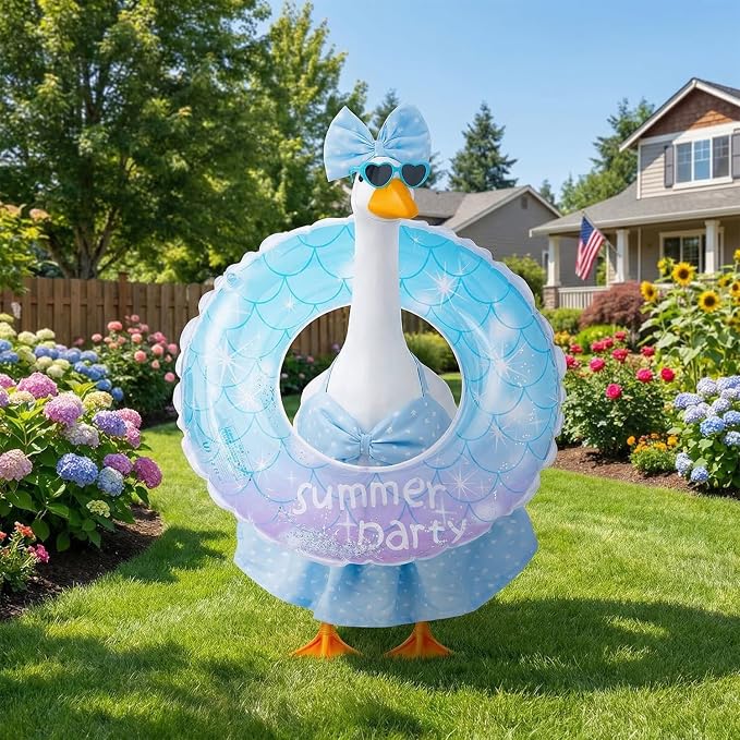 Bikini Porch Goose Outfits Fits 23" Goose Statue Summer Porch Goose Outfit with Sunglasses and Swim Ring Hawaiian Porch Goose Clothes Costume for Outdoor Garden Lawn Yard Decor(Blue Flower)