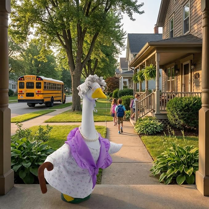 Old Lady Porch Goose Outfits with Floral Dress for 23" Cement Goose Statues | 23 inch Funny Concrete Goose Outfit Grandma Costume with Wig Glasses Cane for Lawn Yard Garden Patio Decor(Hyacinth Floral)