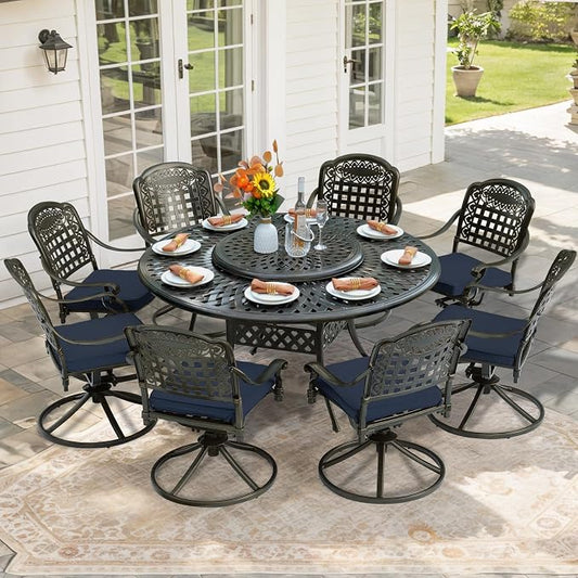 9-Piece Patio Furniture Dining Set, Cast Aluminum Outdoor Conversation Set- 61" Round Patio Dining Table with Detachable Lazy Susan & 8 Cushioned Swivel Rocker, Umbrella Hole, Navy Blue