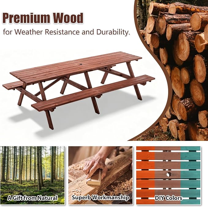 Hohuqeri Wood Picnic Table, 94.5" Tabletop with Umbrella Hole, 12 Person Outdoor Wooden Picnic Table Bench Set for Patio, BBQ, Dining, Brown
