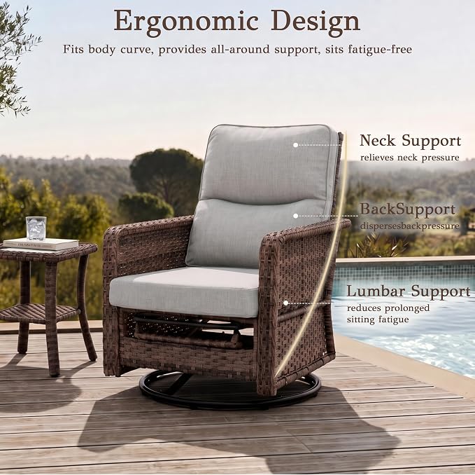 Brafab Outdoor Swivel Recliner Chair Set of 3 - Ergonomic Reclining Patio Chair with Adjustable Backrest and Footrest, All-Weather Wicker Chaise Lounge Outdoor with Side Table