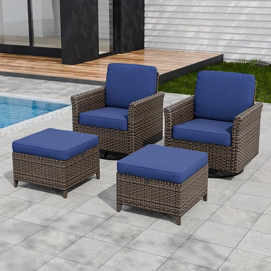 COOS BAY Harbor Retreat 4 Piece Outdoor Furniture Set, Patio Conversation Set with Swivel Rocking Chairs and Ottomans, Wicker Furniture, Brown/Blue