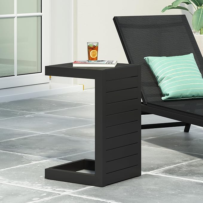 C-Shaped Outdoor Side Table for Lounge Chair Relaxing: Slide Under Design Keeps Drinks & Phone at Hand - No Leg Room Lost - Rust-Resistant Aluminum Frame - 165 lbs Capacity - Matte Black