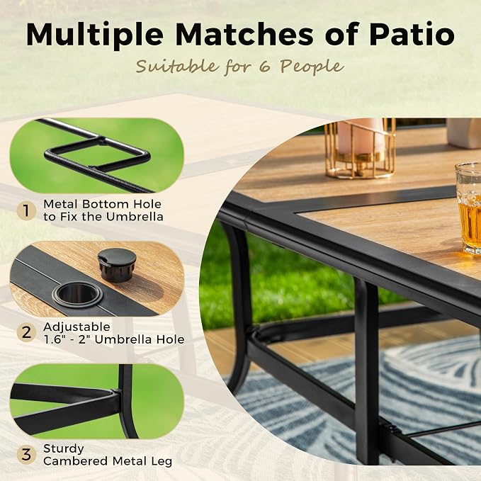MIXPATIO Outdoor Patio Dining Table for 6, 60" x 37" Rectangular Metal Patio Dining Table with Umbrella Hole and Faux Wood Tabletop, All Weather Wrought Iron Black Outdoor Table for Backyard and Porch