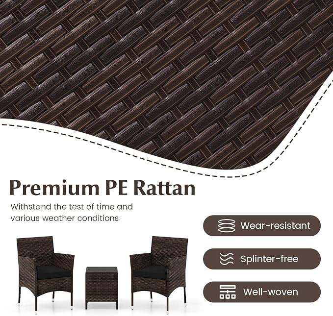 Tangkula 3 Pieces Patio Rattan Furniture Set, Outdoor Conversation Set with PE Wicker Armchairs, Tempered Glass Top Coffee Table, Soft Removable Cushions, for Porch Garden Yard Balcony (Black)