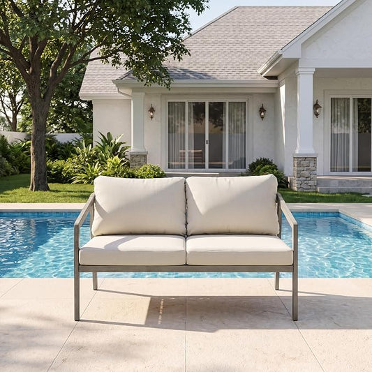 Outdoor Patio Loveseat Sofa, Aluminum 2-Seater Conversation Set with Washable Thick Cushions, Never-Rust Modern Garden Couch Bench for Porch, Poolside, Backyard (Grey+Beige)