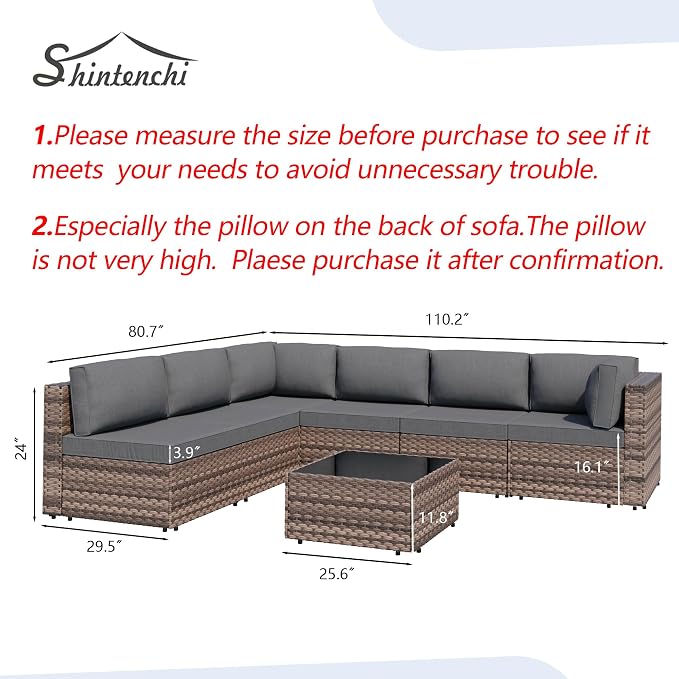 7 Piece Outdoor Patio Furniture Set,Brown PE Rattan Wicker Sectional Sofa, All Weather Conversation Set with Washable Cushions & Glass Coffee Table for Backyard Poolside Garden Porch,Gray