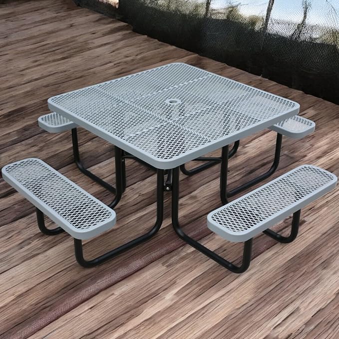 46Inch Square Picnic Table for 8 Person, Outdoor Heavy Duty Sturdy Picnic Tables with 4 Benches & Umbrella Hole, Commercial Metal Patio Picnic Table for Garden, BBQ, Coffee Store, Party, Porch (Grey)