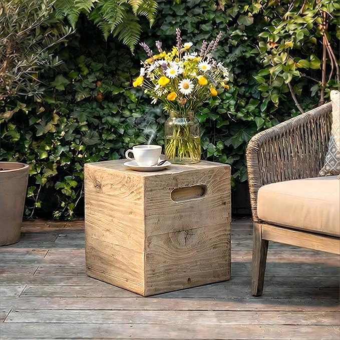 SUNBURY Outdoor Side Table, Faux Wooden Concrete Side Table, Square Lightweight End Table, Patio Accent Stump Stool Decorative for Planter Stand, Deck or Garden, Light Oak