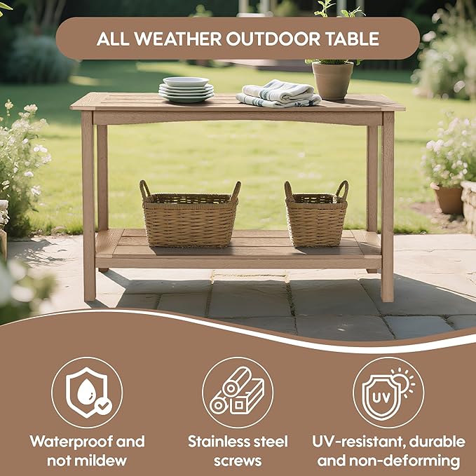 Weatherproof HIPS Outdoor Console Table, 48'' 2-Shelf Side Table Indoor/Outdoor Use, Multifunctional Buffet Table Bar Storage Organizer for Entryway, Patio, Outside Plant Stand Table, Brown