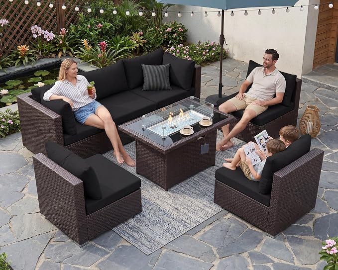 BULEXYARD 7-Piece Outdoor Patio Furniture Set with Propane/Natural Gas Fire Pit Table, High-Back Extra Large Backyard Sectional Couch Sofa, Cozy Wide Deep Seating Group, Brown Rattan & Black Cushion