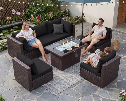 BULEXYARD 7-Piece Outdoor Patio Furniture Set with Propane/Natural Gas Fire Pit Table, High-Back Extra Large Backyard Sectional Couch Sofa, Cozy Wide Deep Seating Group, Brown Rattan & Black Cushion