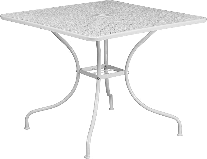 BizChair Commercial Grade 35.5" Square White Indoor-Outdoor Steel Patio Table with Umbrella Hole