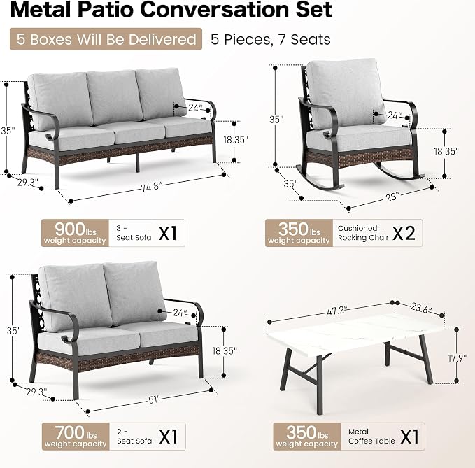 Sunshine Valley 5 Piece Metal Outdoor Patio Furniture Set, 3-Seater Sofa, 2-Seater Sofa, 2 Rocking Chairs With 5.75" Cushion & Coffee Table In Black And Light Gray