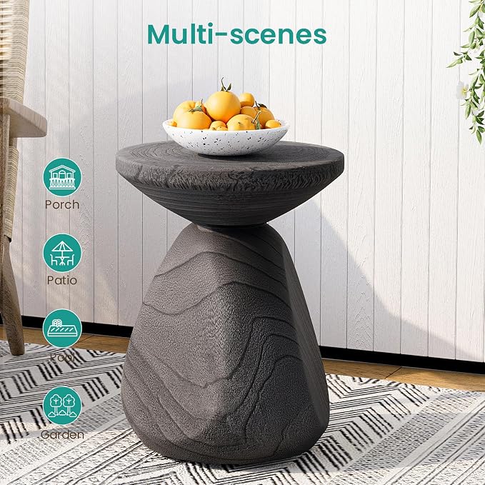 SUNBURY Outdoor Side Table, 14" Small Outdoor End Table, Patio Side Tables w Tree Ring, Round Concrete Side Tables, Garden Stool Plant Stand for Front Porch, Pool (Grey)