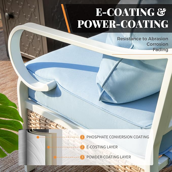 MIXPATIO 6 Piece Patio Furniture Set, 2 x Fixed Chair, 2 x Rocking Chair, 1 x 3-Seat Sofa with Marbling Coffee Table, All Cushioned 7 Seats Outdoor Conversation Set for Lawn Garden Backyard, Blue