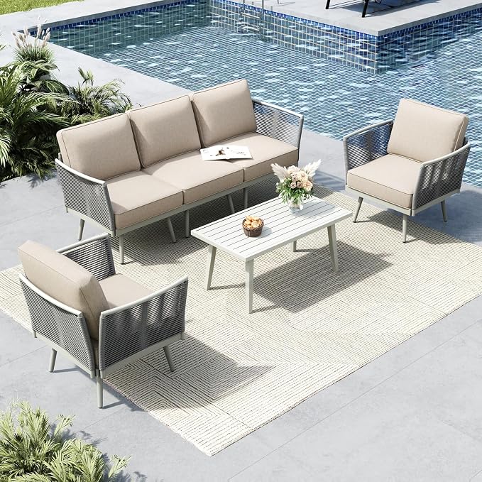 MFSTUDIO 6 Pieces Metal Patio Furniture Sets with Detachable Rope Rattan Armrest, 5 Seats Steel Outdoor Conversation Set All Weather Patio Sectional Couch with Coffee Table for Garden, Beige Cushion
