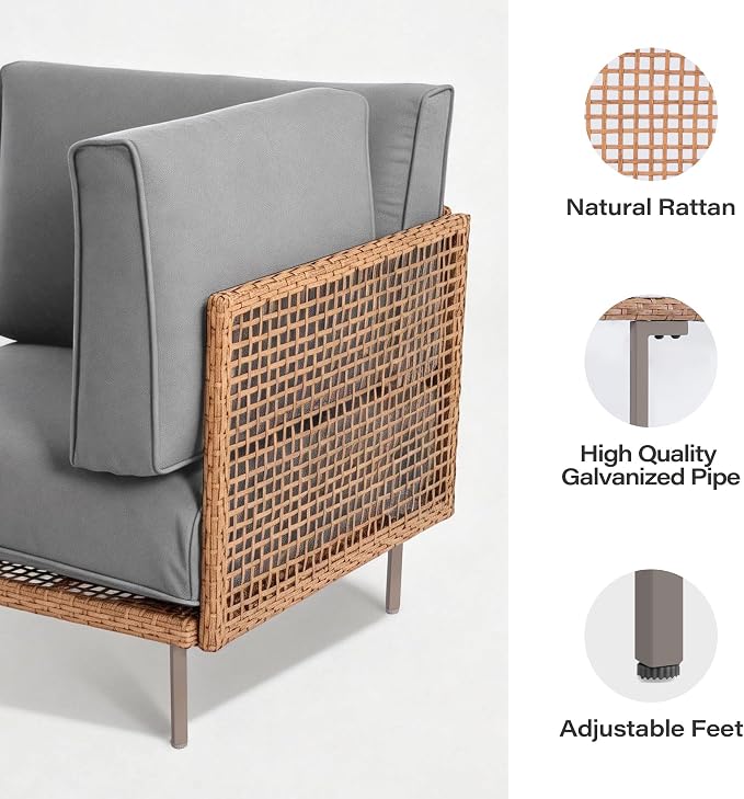 LAUSAINT HOME Outdoor Patio Furniture Set, 10-Piece Wicker Outdoor Conversation Set PE Rattan Sectional Sofa with Washable Cushions and Tempered Glass Table for Garden (Grey)