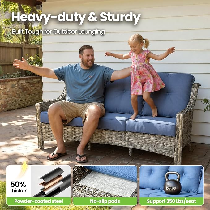 6 Piece Patio Furniture Set with Fire Pit Table, Conversation Sets with High Back Swivel Rocker Chairs, Outdoor Wicker Sofa Loveseat with Comfy Cushion for Backyard Deck Garden, Sapphire Blue