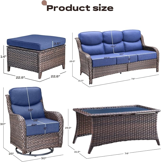 Rilyson Wicker Outdoor Patio Furniture Set - 6 Piece Patio Conversation Sets with Swivel Rocker Chairs, Ottomans, Sofa and Coffee Table, 6 inch Cushions, Deep Seating, for Porch Deck Brown/Blue