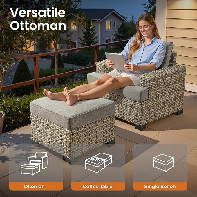 ovios 10 Piece Patio Sectional Furniture with 42in Fire Pit Table, Rattan Wicker Coversation Setwith Single Chairs, Outdoor Sofa Set for Outside Porch Balcony Backyard Pool, Dark Grey