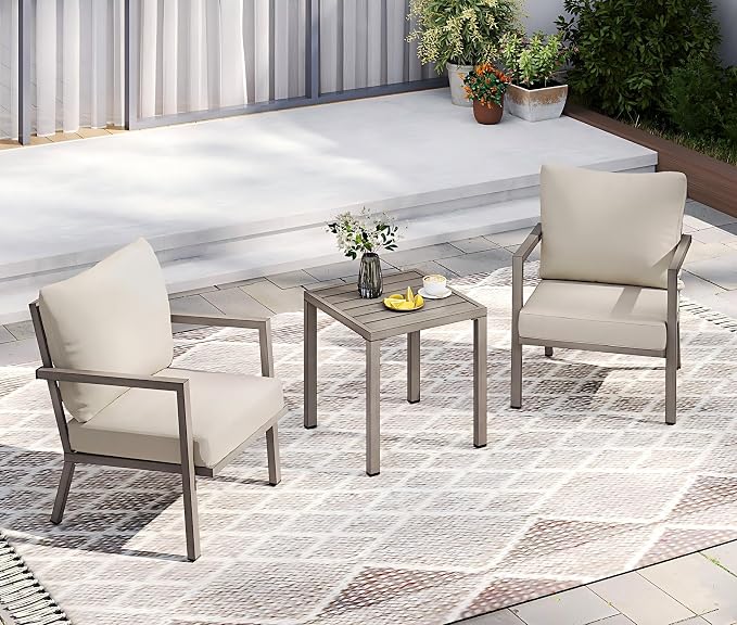 HAPPATIO Aluminum Patio Furniture Set, 3 Pieces Conversation Set with Thick Cushions and Side Table, Waterproof and Rustproof for All Weather, Seating Sofa for Garden, Backyard, Porch, Grey